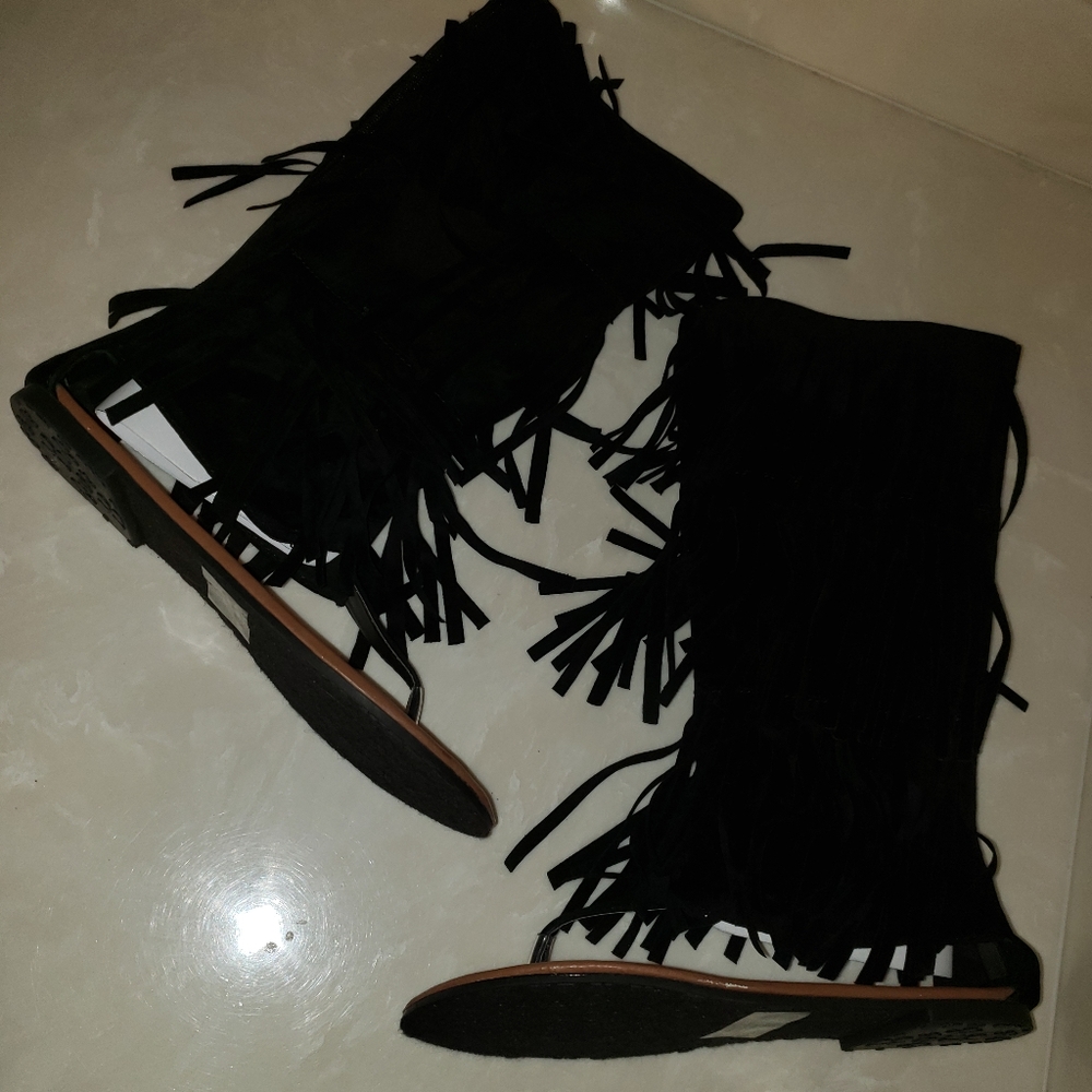 Brand New Black Fringe Sandals
